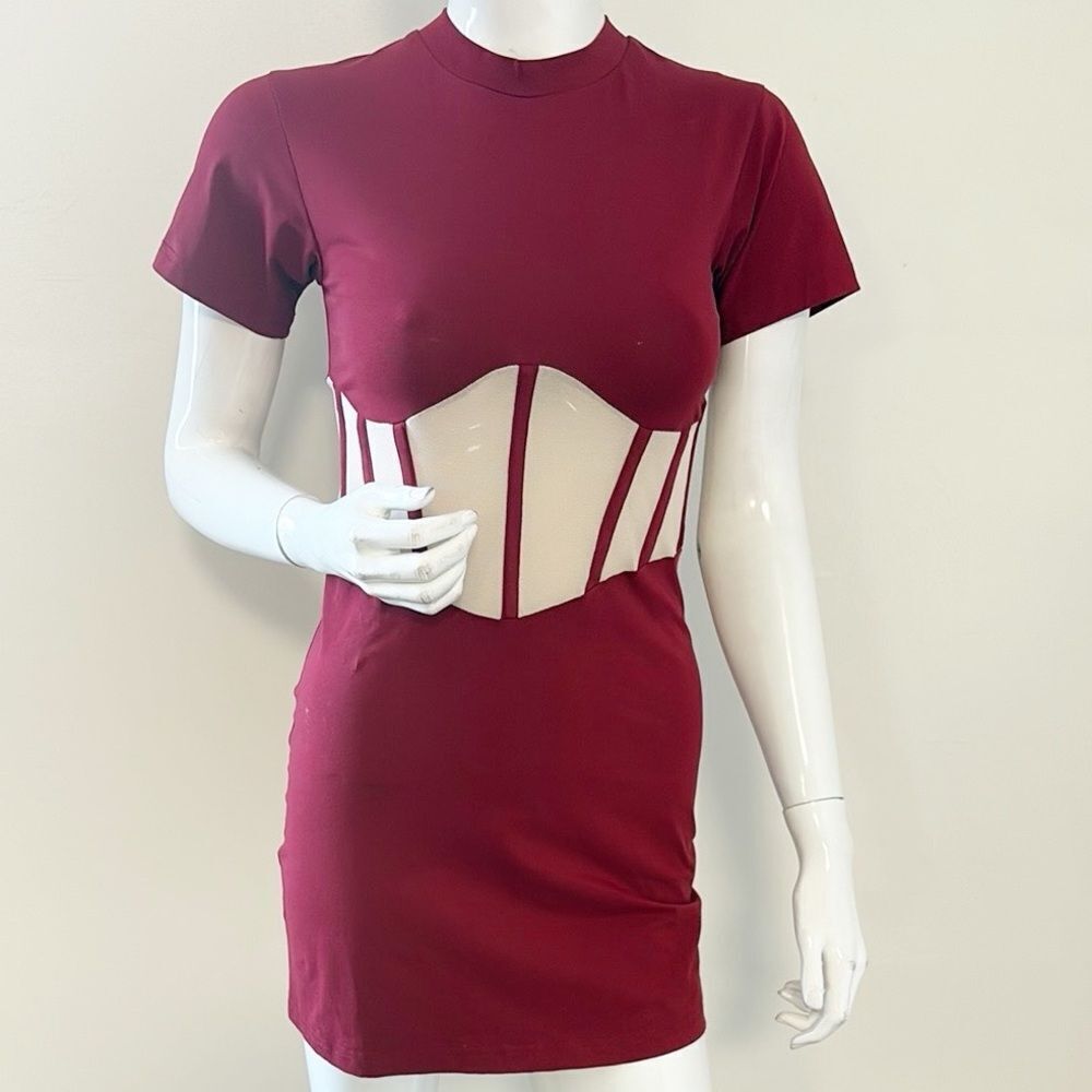 RtA Angela Burgundy Mini Dress w Sheer Corset Waist Detail w Boning